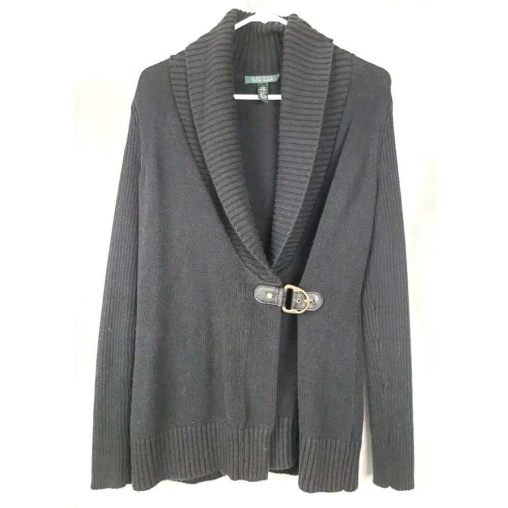 Lauren Ralph Lauren Cardigan Womens S Black Shawl Collar Buckle Front Old Money